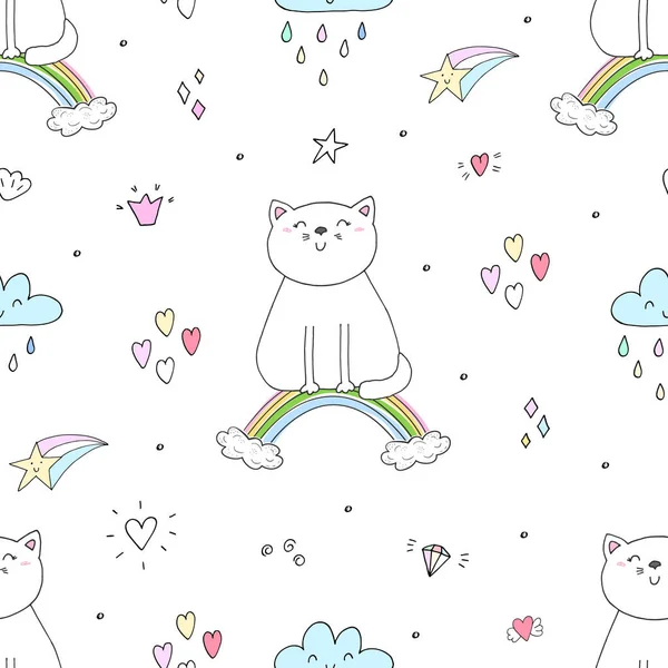 Hand getekende naadloze patroon met schattige kat op een regenboog, doodle illustratie voor kinderen vector afdrukken — Stockvector