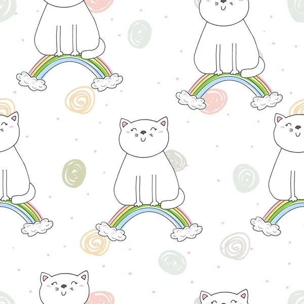 Hand getekende naadloze patroon met schattige kat op een regenboog, doodle illustratie voor kinderen vector afdrukken — Stockvector