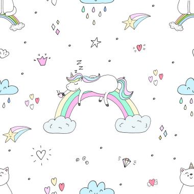 Şirin el tek boynuzlu at vektör desen çekilmiş. vektör çizim