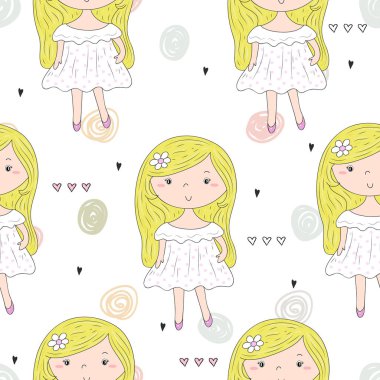 Şirin el sevimli küçük kız vektör Dikişsiz desen çizim ile çekilmiş