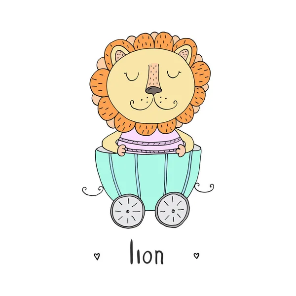 Rolig söt lejon tecknad stil. Vector print — Stock vektor