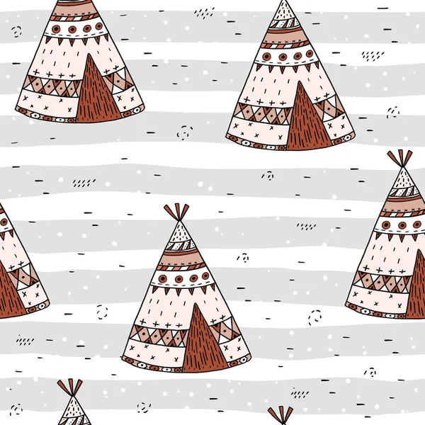 Hand getekende Cute naadloze patroon met tee pee wigwam, North American Indian tee pee. — Stockvector