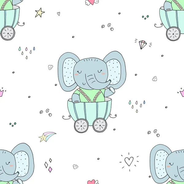 Patrón sin costura dibujado a mano con elefante lindo en el remolque. Estampado de patrón para niños — Archivo Imágenes Vectoriales