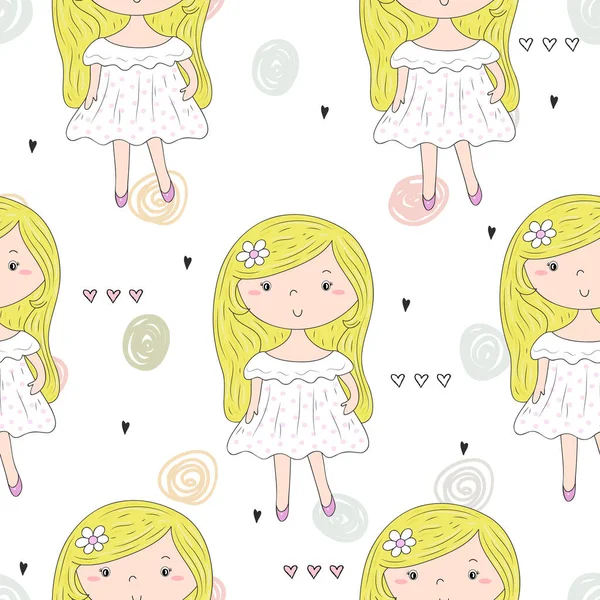 Şirin el sevimli küçük kız vektör Dikişsiz desen çizim ile çekilmiş
