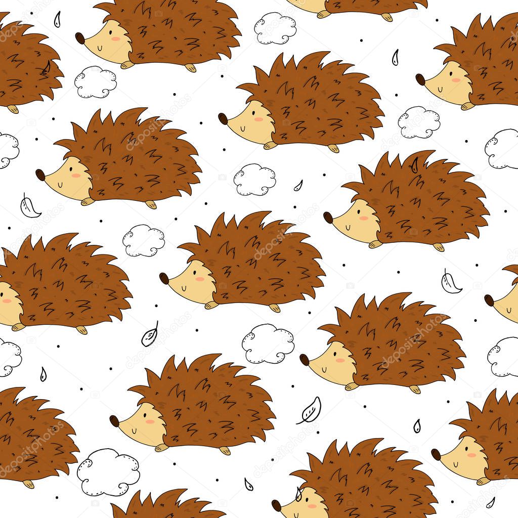 Hand Drawn seamless cute hedgehog pattern vector illustration.