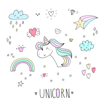 Şirin unicorn yazdırma çizilmiş kümesiyle çocuklar için el. Vektör çizim.