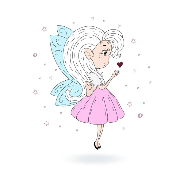 Hand dras söta tecknade Fairy med hjärta vektorillustration — Stock vektor