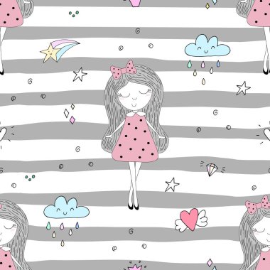 Şirin el sevimli küçük kız vektör Dikişsiz desen çizim ile çekilmiş