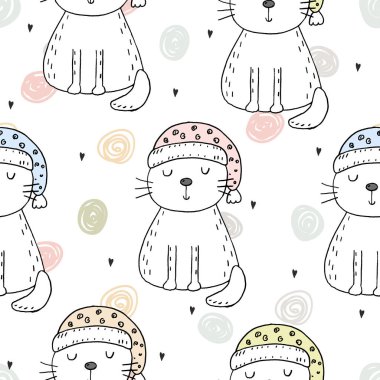 Şirin kedi ile çizilmiş seamless modeli el, Gösterim çocuklar vektör yazdırma amacıyla doodle
