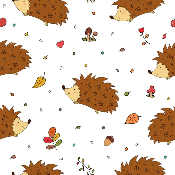 Hand Drawn seamless cute hedgehog pattern vector illustration. — Stock Vector