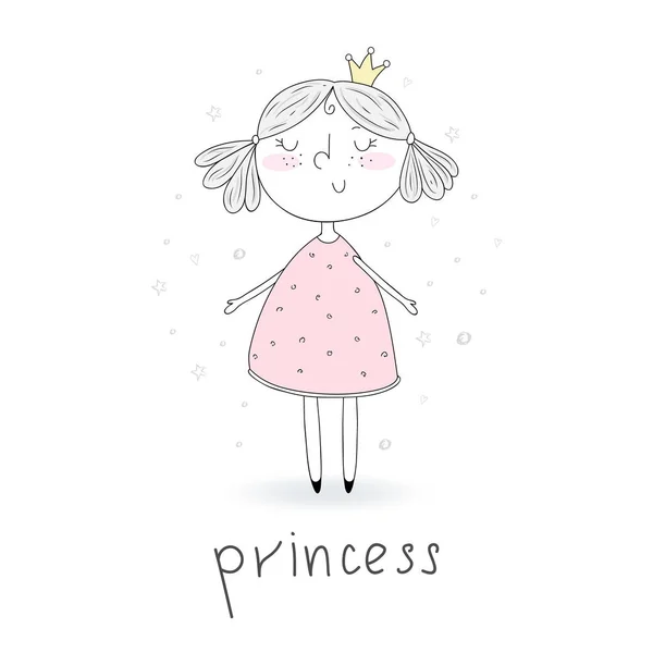 Lindo dibujado a mano con la pequeña princesa linda ilustración vectorial . — Vector de stock