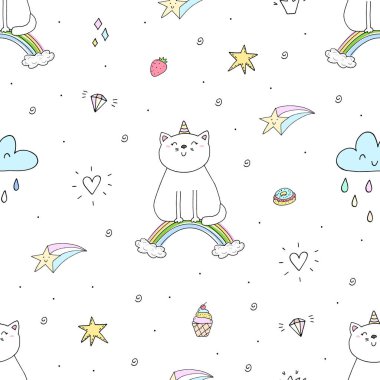Bir gökkuşağı üzerinde şirin kedi ile çizilmiş seamless modeli el, çocuklar için illüstrasyon doodle, vektör yazdırma.