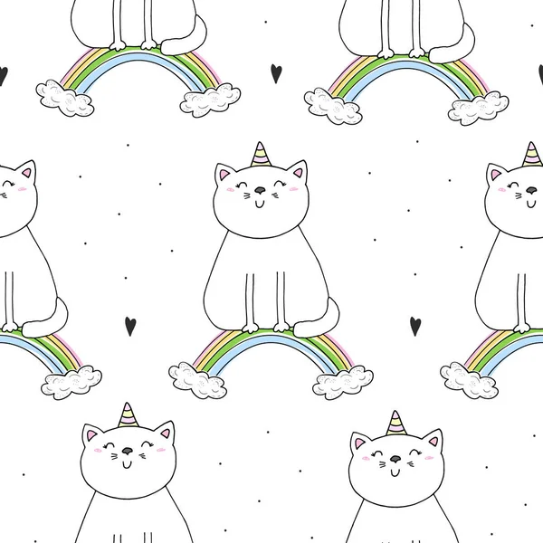 Dibujado a mano patrón sin costura con gato lindo en un arco iris, garabato ilustración para niños impresión vectorial — Vector de stock