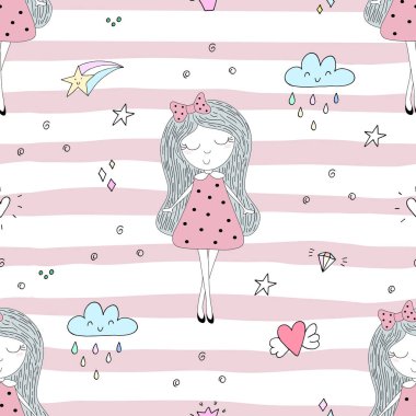 Şirin el sevimli küçük kız vektör Dikişsiz desen çizim ile çekilmiş