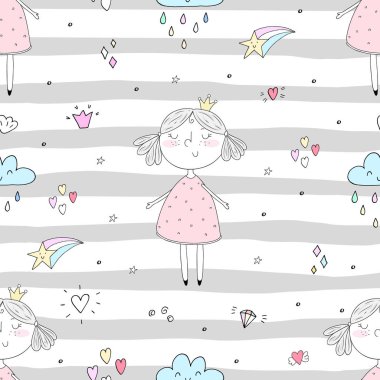 Şirin el sevimli küçük kız vektör Dikişsiz desen çizim ile çekilmiş