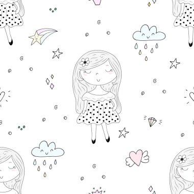 Şirin el sevimli küçük kız vektör Dikişsiz desen çizim ile çekilmiş