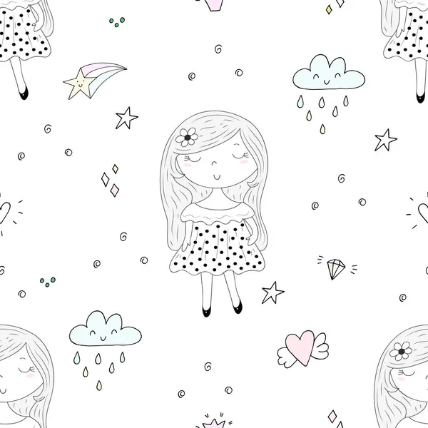 Şirin el sevimli küçük kız vektör Dikişsiz desen çizim ile çekilmiş