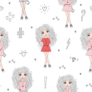 Şirin el sevimli küçük kız vektör Dikişsiz desen çizim ile çekilmiş
