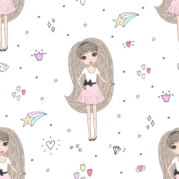 Şirin el sevimli küçük kız vektör Dikişsiz desen çizim ile çekilmiş