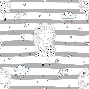 Şirin el sevimli küçük kız vektör Dikişsiz desen çizim ile çekilmiş