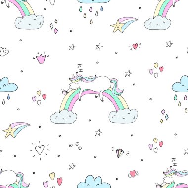 Şirin el tek boynuzlu at vektör desen çekilmiş. vektör çizim