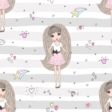 Şirin el sevimli küçük kız vektör Dikişsiz desen çizim ile çekilmiş