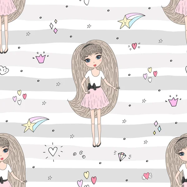 Şirin el sevimli küçük kız vektör Dikişsiz desen çizim ile çekilmiş