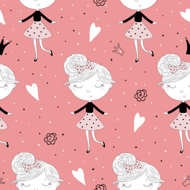 Şirin el sevimli küçük kız vektör Dikişsiz desen çizim ile çekilmiş