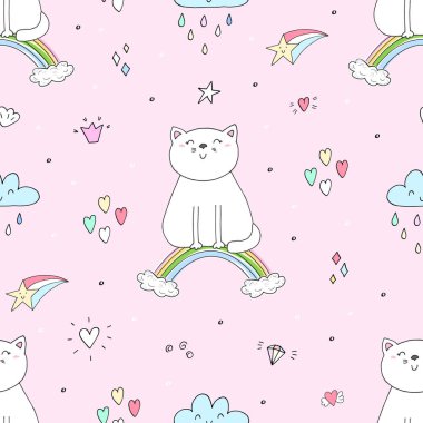 Şirin kedi üzerinde bir gökkuşağı, doodle gösterim amacıyla çocuklar vektör yazdırma ile çizilmiş seamless modeli el