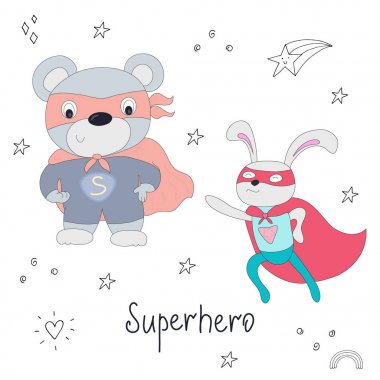 Süper kahraman oyuncak ayı ve tavşan hayvan vektör çizim şirin el çekilmiş
