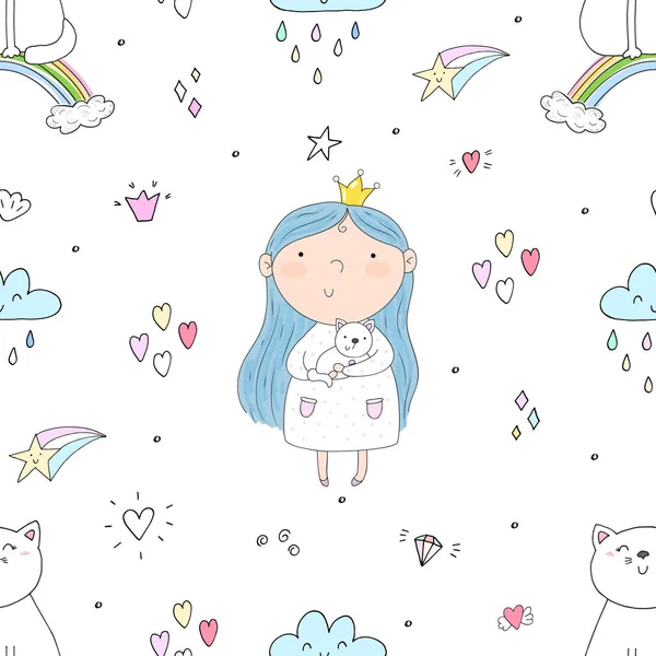 Мультфильм положительный бесшовный шаблон с милыми девушками и кошкой на радуге — стоковый вектор