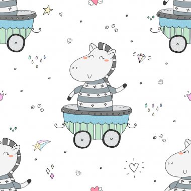 El karavanda şirin zebra ile çizilmiş seamless modeli. Desen çocuklar için yazdırma