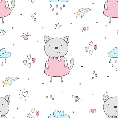 Şirin küçük kedi ile Seamless modeli. vektör çizim