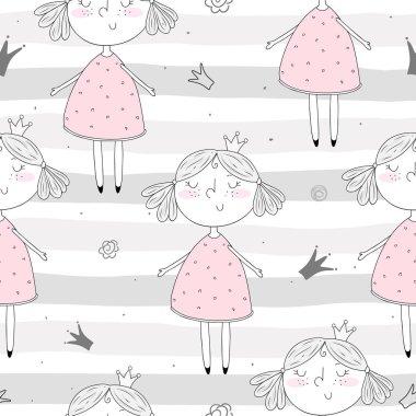 Şirin el sevimli küçük kız vektör Dikişsiz desen çizim ile çekilmiş