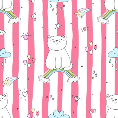 Şirin kedi üzerinde bir gökkuşağı, doodle gösterim amacıyla çocuklar vektör yazdırma ile çizilmiş seamless modeli el