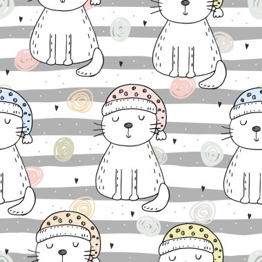 Şirin kedi ile çizilmiş seamless modeli el, Gösterim çocuklar vektör yazdırma amacıyla doodle