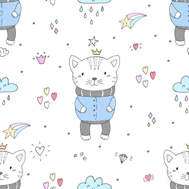 Şirin küçük kedi ile Seamless modeli. vektör çizim
