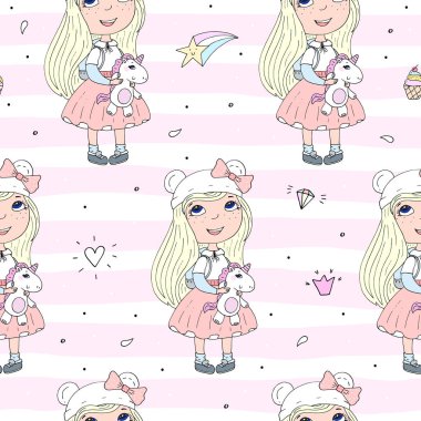 Şirin el sevimli küçük kız vektör Dikişsiz desen çizim ile çekilmiş
