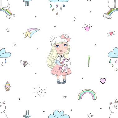 Şirin el sevimli küçük kız vektör Dikişsiz desen çizim ile çekilmiş