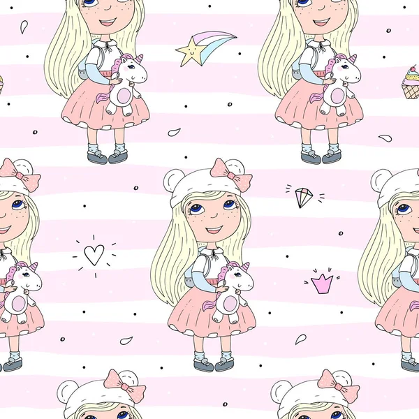 Şirin el sevimli küçük kız vektör Dikişsiz desen çizim ile çekilmiş
