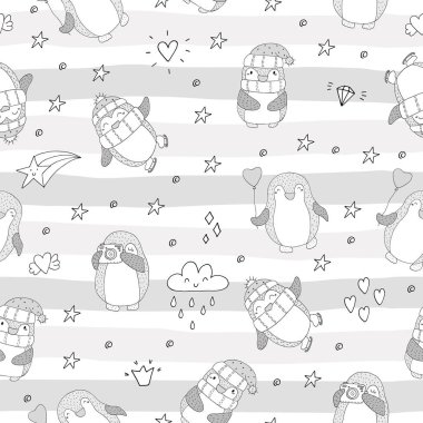 Şirin penguenlerle kusursuz desen. Elle çizilmiş illüstrasyon. Vektör.