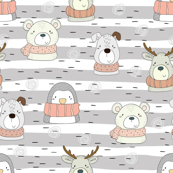 Şirin elle çizilmiş komik hayvanlar doodles. Seamless modeli