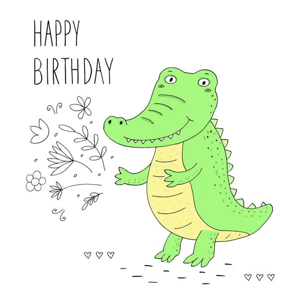 Zadowolony urodziny karty z krokodyla śmieszne kreskówki stylu. Drukuj wektor — Wektor stockowy