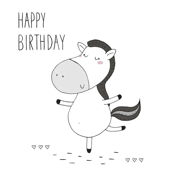 Tarjeta de cumpleaños feliz con lindo caballo divertido dibujado a mano. impresión vectorial — Vector de stock