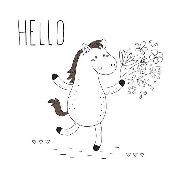 Hola tarjeta con lindo caballo divertido dibujado a mano. impresión vectorial — Vector de stock