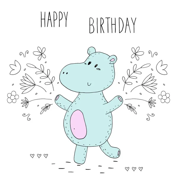 Happy birthday card with funny hippo in vector. — Stock Vector