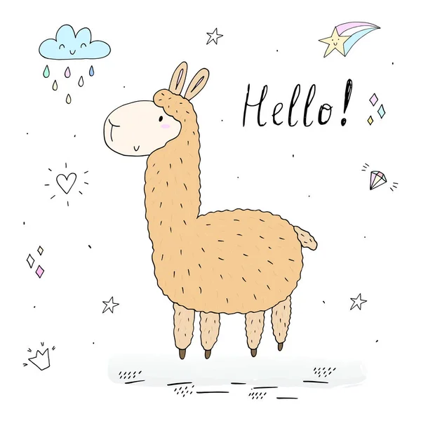 Merhaba sevimli kartıyla el çizilen komik Lama. vektör yazdırma — Stok Vektör