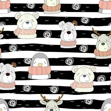 Şirin elle çizilmiş komik hayvanlar doodles. Seamless modeli