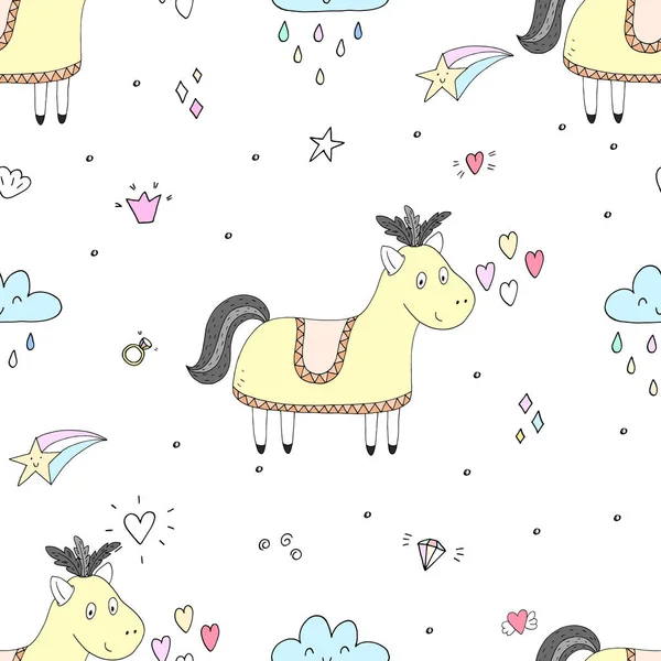Lindo patrón sin costuras con pony divertido. ilustración vectorial — Vector de stock