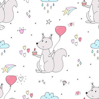 El ile sevimli sincap çizilmiş seamless modeli. vektör yazdırma.